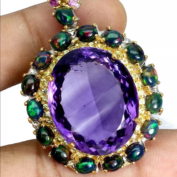 Atlanta Gem & Mineral Show Jewelry - Amazing Rare Treasure OVER 35 CTW of Genuine Amethyst & Fire Black Opal Pendant